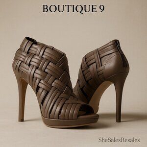 Boutique 9 Ashoe Woven Leather Cage Booties Women’s 8.5M Taupe Peep Toe High Hee